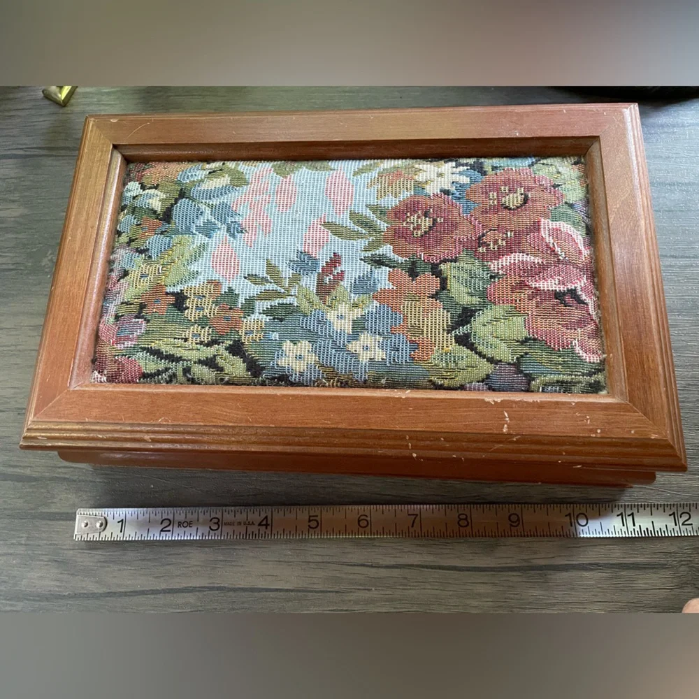 Vintage Tapestry and Wooden Pink Velvet Lined Jewelry Trinket Storage Box